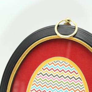 Vintage black and gold 4x6 oval picture frame with a red mat - wood, gold ring, empty, tabletop or hanging, wedding frame, school photos