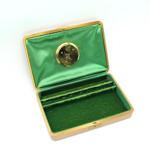 Vintage travel jewelry box with built-in clock - wind up, mid century, leatherette, vinyl, valet, ring holder, trinket box, emerald green