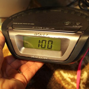 Black and gray Sony Dream Machine alarm clock - vintage, AM/FM radio, two alarms, retro, 90s, 1990s, clock radio, ICF-C263