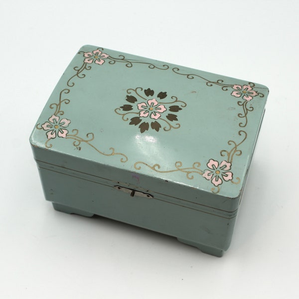 Vintage musical turquoise jewelry box - lacquered, pink interior, chippy, rustic, mirror, music box, trinket holder