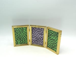 Vintage gold-tone triple picture frame, tri-fold, 3, three, antique brass metal, empty, school or pet photos, grandkids, 3x5, 3.5 x 5, 4x5