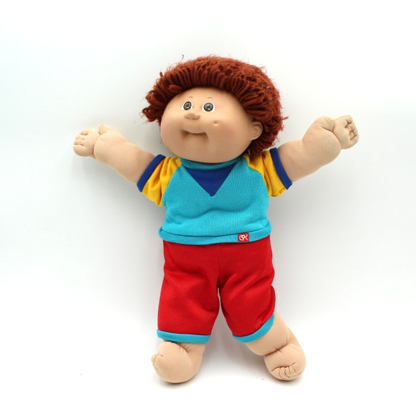 Vintage boy Cabbage Patch Kid - 1985, 80s, brown hair and eyes, yarn loops, clothes, outfit, CPK, 1980s toys, dolls