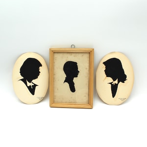 Three vintage silhouettes, hand-cut - boy, child, woman, girl, framed, scissor silhouette, children, handmade, antique