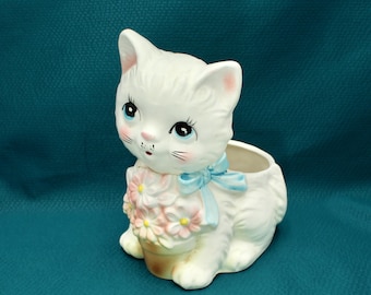 Vintage Porcelain White Cat Figurine Planter - Ceramic, Kitten