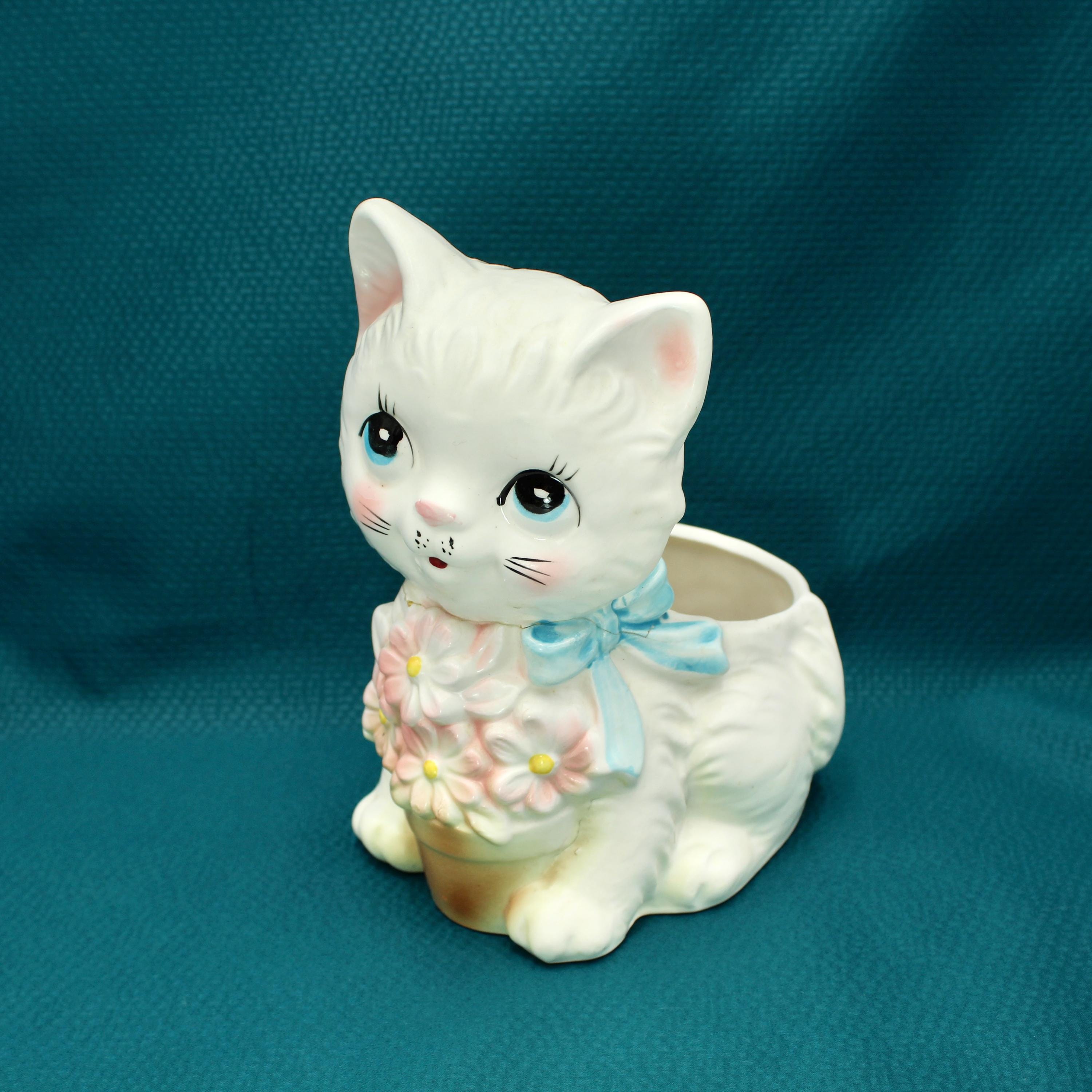 Vintage Porcelain White Cat Figurine Planter - Ceramic, Kitten Vintage Porcelain White Cat Figurine Planter - Ceramic, Kitten