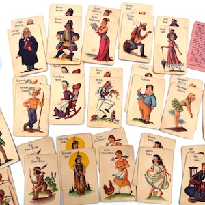May include: A collection of vintage playing cards featuring various illustrated characters. The cards have a cream-colored background and depict figures like pirates, farmers, and mermaids. Each card has a unique name printed on it.