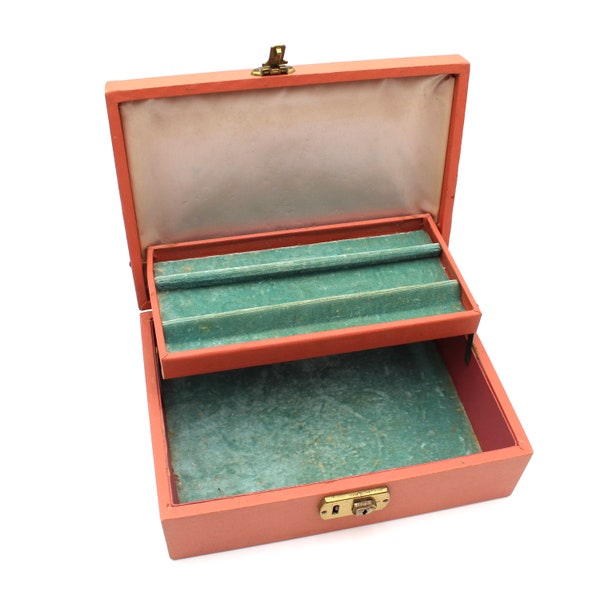 Pretty pink vinyl jewelry box - seafoam green interior, vintage, small, 1960s, 1970s, organizer, storage, dresser top, vanity