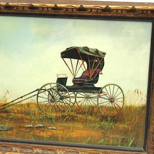 Antique original painting - framed art, oil painting, carriage, landscape, artist signed, signature, field, wood frame