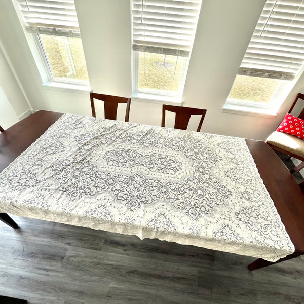 QUAKER LACE BRAND banquet-size lace tablecloth - vintage, large, oval, 78" x 56", natural, ivory, cream, ecru, loom loops edge, hem