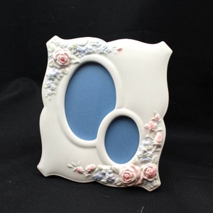 Pretty vintage white porcelain picture frame - 1980s floral, pink, flowers, tabletop, 80s, 2x3, 3x4, 3x5, dual, two, collage, double