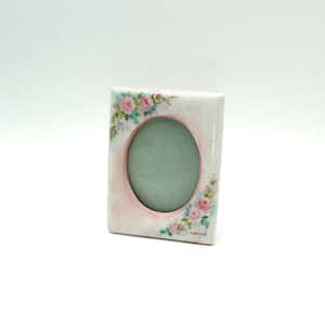 Darling vintage handpainted porcelain floral picture frame - 3x4, white, pink flowers, oval, tabletop, hand painted
