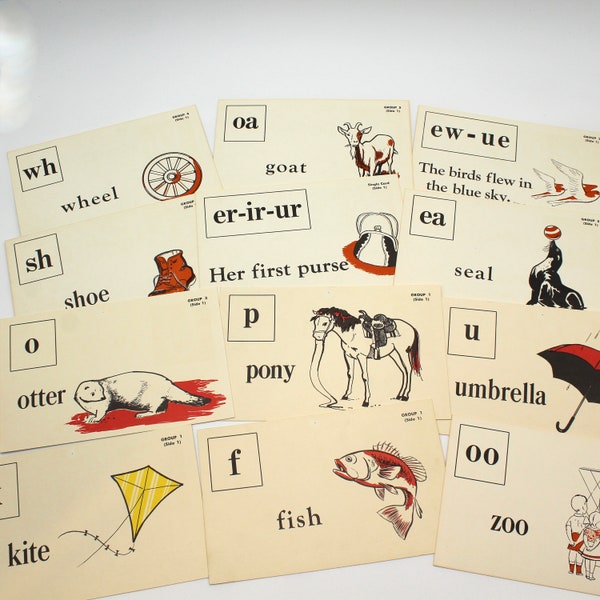 YOUR CHOICE 1950s alphabet flash cards - words, letters, pictures, school, large, mid century, cats, dogs, goat, scrapbooking, nursery art