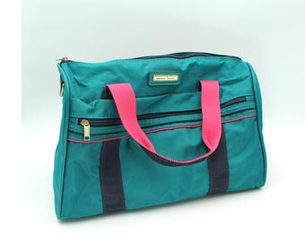 Cute 1980s or 1990s duffel bag - American Tourist, vintage, teal, turquoise, aqua, pink, small, travel, tote, suitcase, nylon, luggage