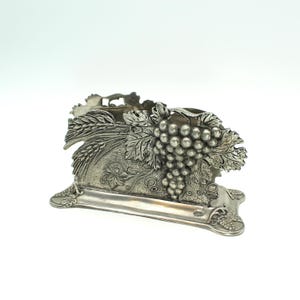 Vintage metal silver napkin holder - kitchen, accessories, grapes, fruit, decor, letter organizer, mail sorter, 95% etain (tin) pewter