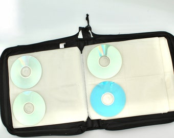 Holds 208 disks! Large vintage zippered CD holder - black, nylon, 1990s, 90s, DVDs, storage, travel, car, video games, container, music