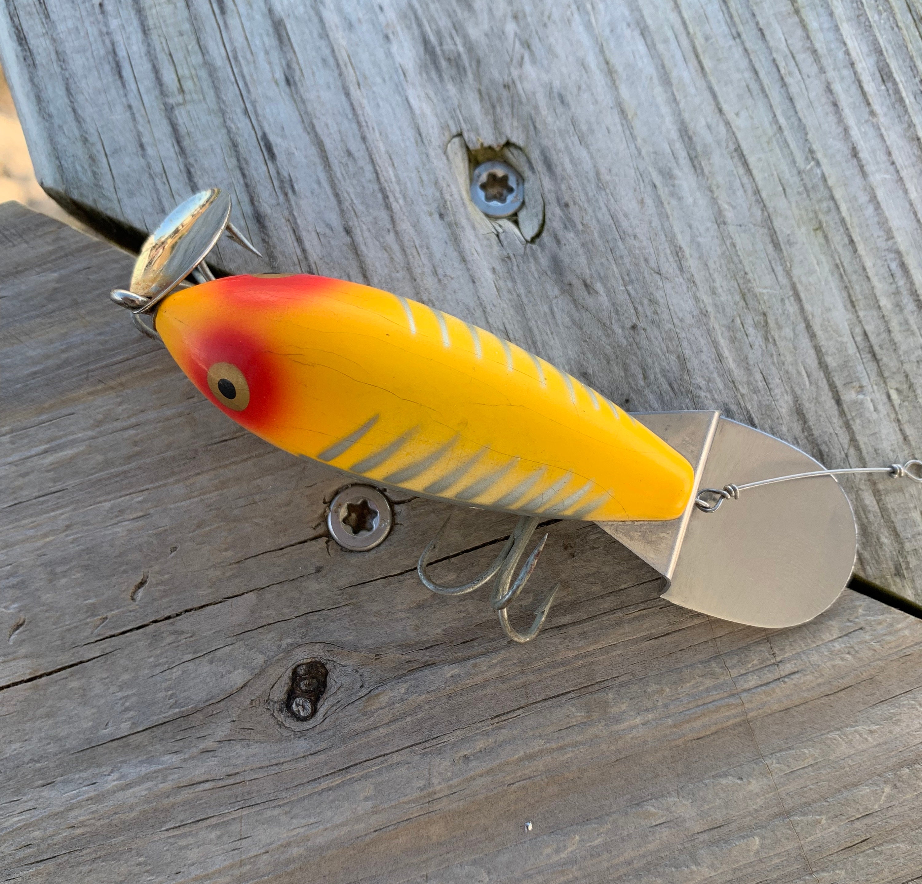 Leurre De Pêche Vintage Heddon Go-Deeper Crabe - Bois, Jaune, Origine USA