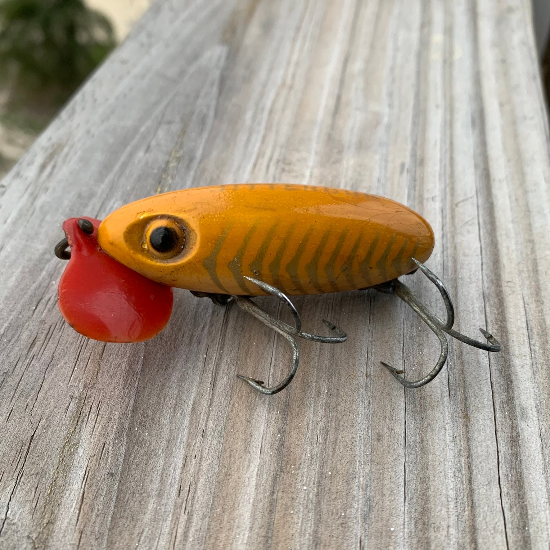 Jitterbug Lure Yellow With Plastic Red Lip Old Hook Hangers WWII