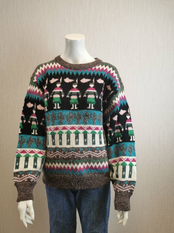 Size XL Colorful Losange Pattern Collared Sweater Vintage 70s 70s/90s Geometric Scottish School Wool Ikat Pattern Retro Sweater Boho