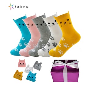 Gift Box Cat Socks 5 Pairs Cute Socks Cat Lovers Women&#39;s Socks with Paw Prints Multicolored Christmas Birthday Anniversary Wedding Gift