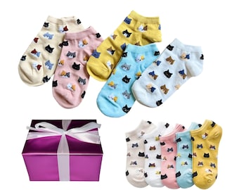 Cat Socks Gift Set: Women's Ankle, Cat Faces, 5 Pairs Birthday Anniversary