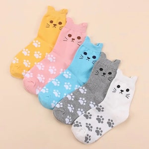 5 Pair Womens Cat Socks Cute Novelty Socks With Paw Prints Multicolored ...