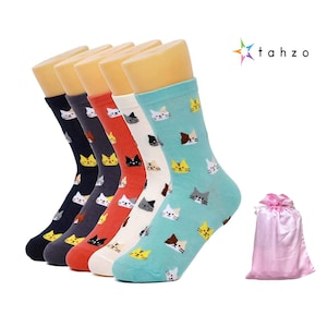 Cat socks, Womens personalized socks and gifts, ladies casual crew socks, cat lover animal lover gift, 5 pair socks for casual or dress