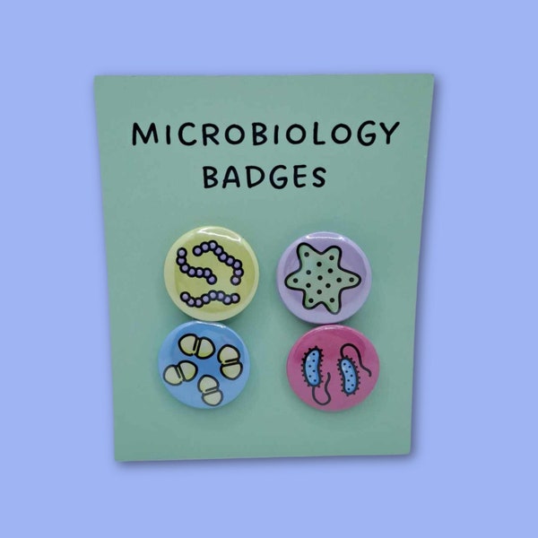 Microbiology badges bundle. Gift for teacher, biologist, lab technician. Nerdy/geeky immunology present. Lab coat, lanyard pins / buttons.