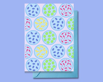 PETRI DISH CARD: A6 Microbiology themed greeting card. Gift for biologist, teacher, student or researcher. Cute bacteria card. Blank inside.