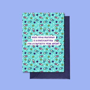 Carte de voeux de pharmacien A6. Conception de pilules heureuses. Cadeaux pour les travailleurs de la santé, les infirmières, les pharmaciens, les médecins. Carte d'anniversaire de biologie.