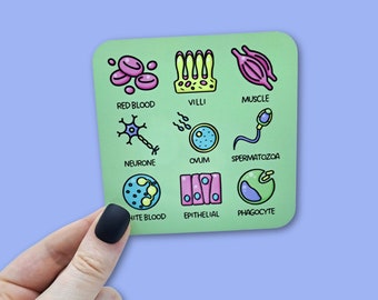 Specialised cells drink coaster. Perfect gift for microbiologists, teachers or a PHD graduation present. Beverage mats for lab technicians.