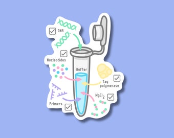 Peut inclure: Un autocollant blanc avec une illustration de dessin animé d'un tube à essai contenant un liquide bleu. Le tube à essai est étiqueté "Buffer". L'autocollant montre également les ingrédients nécessaires à une réaction en chaîne par polymérase (PCR), notamment l'ADN, les nucléotides, les amorces, l'ADN polymérase Taq et le MgCl2. Chaque ingrédient est étiqueté d'une coche.