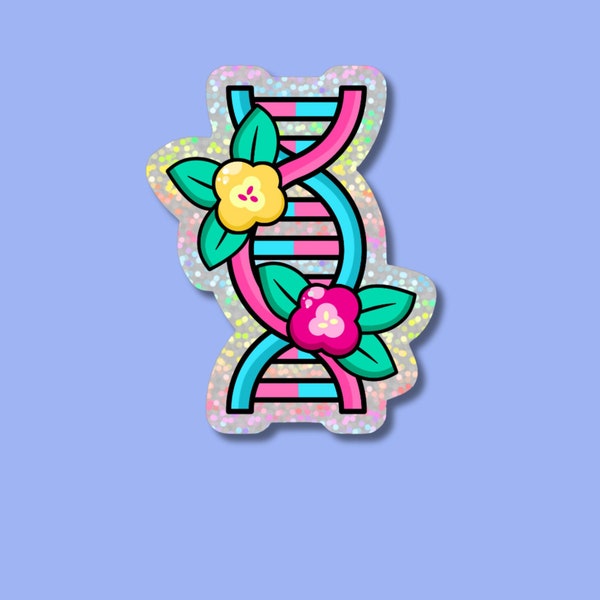 DNA sticker, cute biology gift for science lovers, teachers and students. Glitter holographic design for genetics fans and flower vibes.