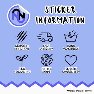 K&ouml;nnte beinhalten: Ein blauer und wei&szlig;er Aufkleber mit dem Text "STICKER INFORMATION" in Schwarz. Der Aufkleber zeigt Symbole, die f&uuml;r kratzfest, schnelle Lieferung, handwaschbar, umweltfreundliche Verpackung, handgefertigt und eine Zufriedenheitsgarantie stehen.