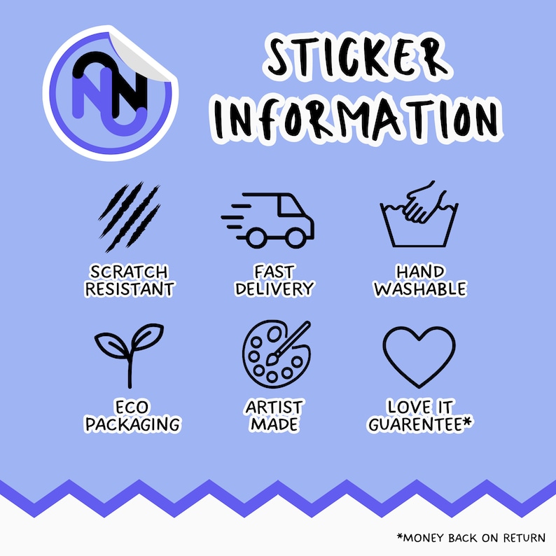 K&ouml;nnte beinhalten: Ein blauer und wei&szlig;er Aufkleber mit dem Text "STICKER INFORMATION" in Schwarz. Der Aufkleber zeigt Symbole, die f&uuml;r kratzfest, schnelle Lieferung, handwaschbar, umweltfreundliche Verpackung, handgefertigt und eine Zufriedenheitsgarantie stehen.