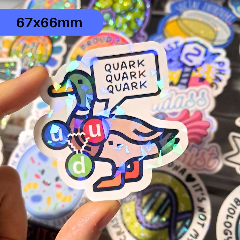 May include: A holographic sticker featuring a cartoon duck with the text "QUARK QUARK QUARK" in a speech bubble. The duck is holding a diagram of a quark with the letters "u", "u", and "d" in a circle.