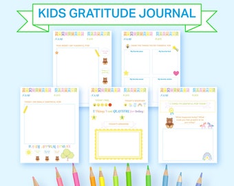 Kids daily gratitude journal printable worksheets, mindfulness activity children, self esteem positive thought girls and boys, SEL CBT print