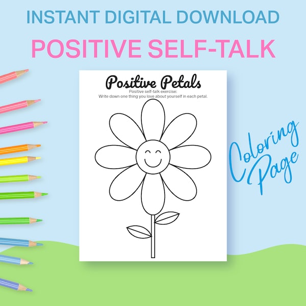 Positive self-talk activity printable, self esteem coloring pages for kids, mindfulness game activities children, child counselor worksheet