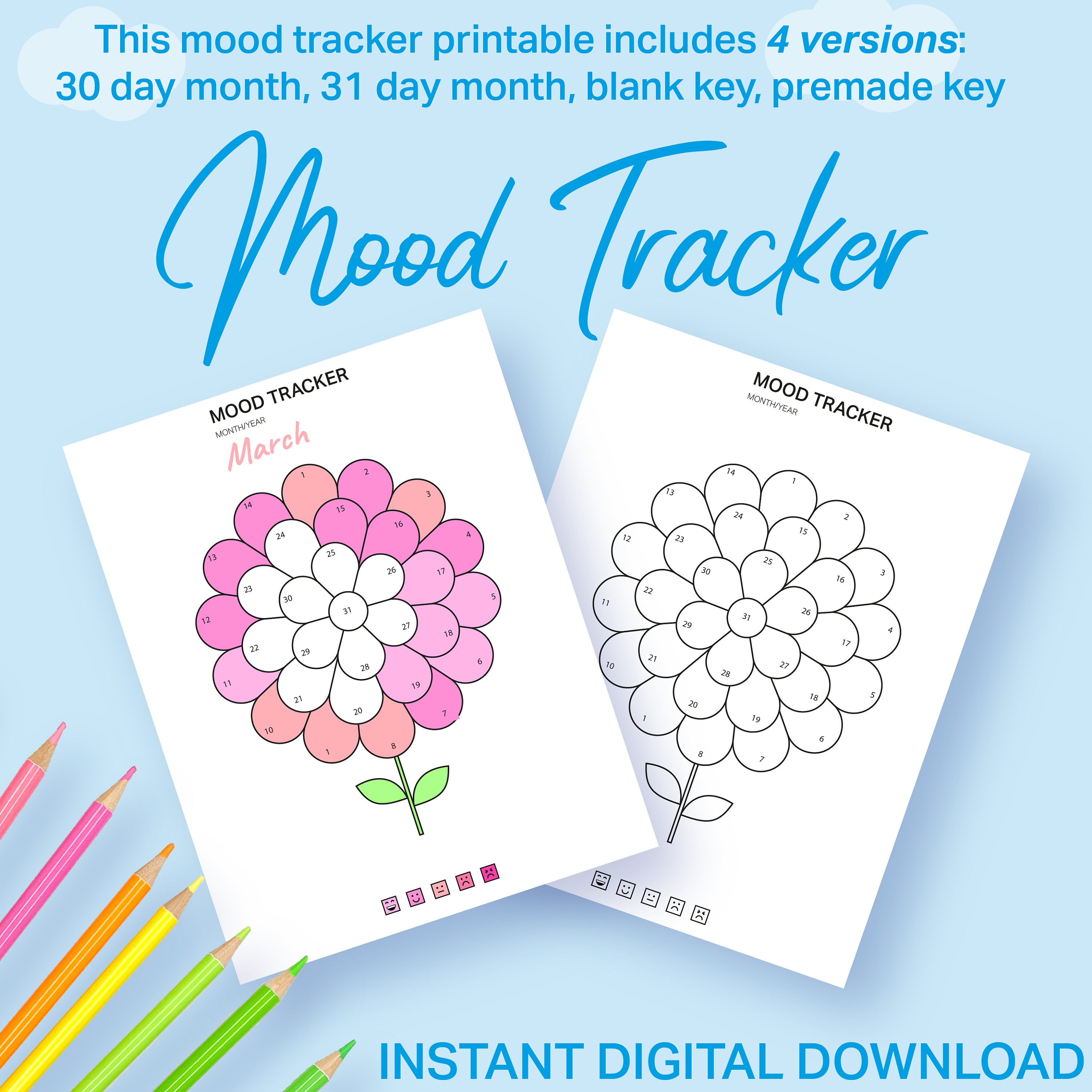 Flower mood tracker imprimible, diario mensual emociones mood chart