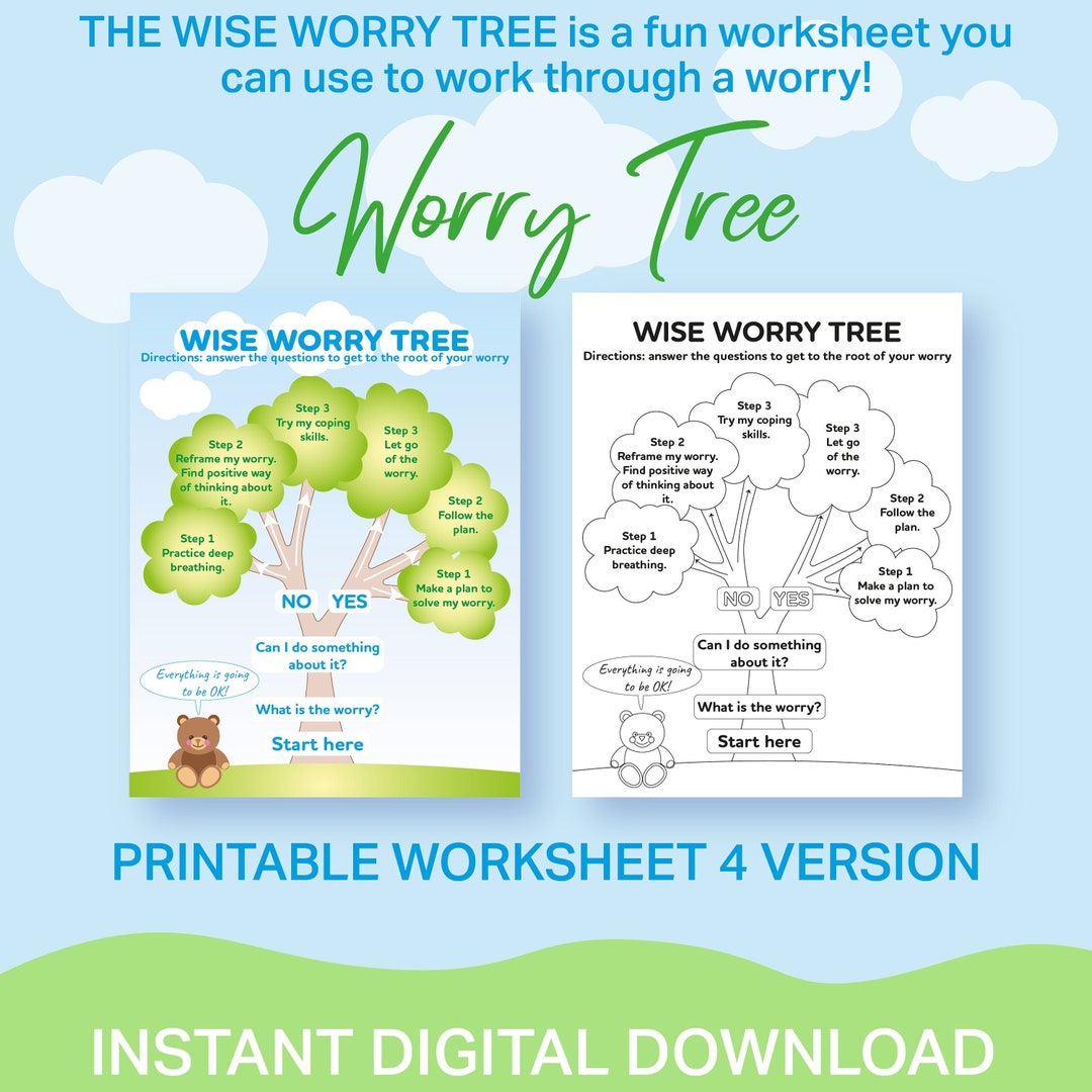 Worry Tree Worksheet Printable, Kids Anxiety Relief Workbook, Self