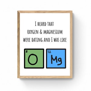 May include: A framed print with a science-themed pun. The text reads "I heard that oxygen & magnesium were dating and I was like". Below the text are two squares representing the chemical elements oxygen and magnesium.