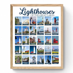 3 SIZES-Great Lakes Lighthouses Print-Michigan Huron Erie Superior Ontario-Midwest Decor-Light House Types ID-Nautical Navigation Poster