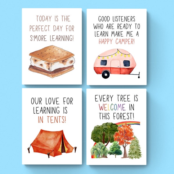 SET of 4 POSTERS in 3 SIZES! Camping Outdoor Themed Elementary Classroom Decor Prints-Nature Woodland Theme-Inclusive-Pun Funny-Bundle Pack