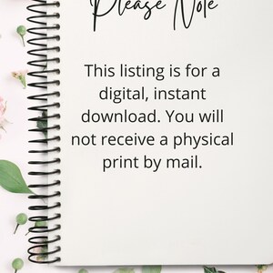 Puede incluir: Un cuaderno blanco con una encuadernaci&oacute;n en espiral negra. El cuaderno tiene el texto "Please Note" escrito en cursiva negra. El texto debajo dice "This listing is for a digital, instant download. You will not receive a physical print by mail."