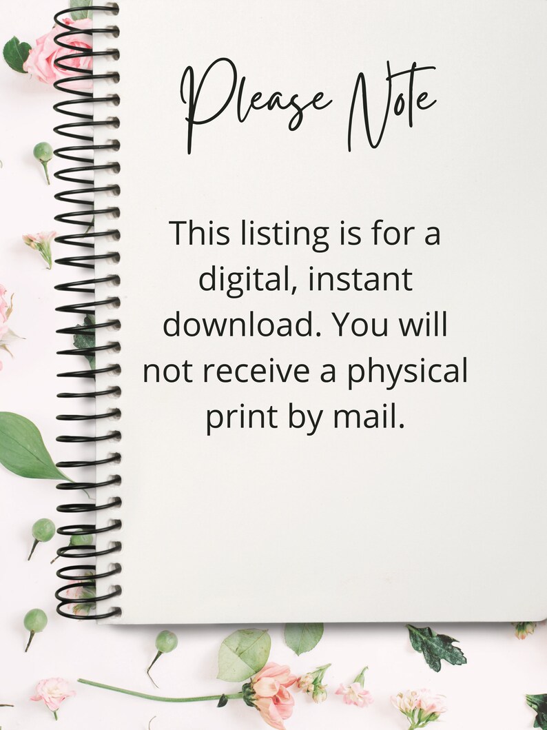 Puede incluir: Un cuaderno blanco con una encuadernaci&oacute;n en espiral negra. El cuaderno tiene el texto "Please Note" escrito en cursiva negra. El texto debajo dice "This listing is for a digital, instant download. You will not receive a physical print by mail."