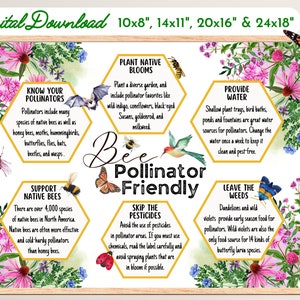 Bee Pollinator Friendly Print-Save the Bees-Native Prairie-Butterfly-Hummingbird-Wasp-Bat Decor-Poster-Garden-STEM Educational-Plant Garden