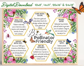 May include: A colorful infographic with a bee and flower theme. It provides tips for creating a bee-friendly garden, including planting native blooms, providing water, and skipping pesticides. The text includes the phrase "Bee Pollinator Friendly".
