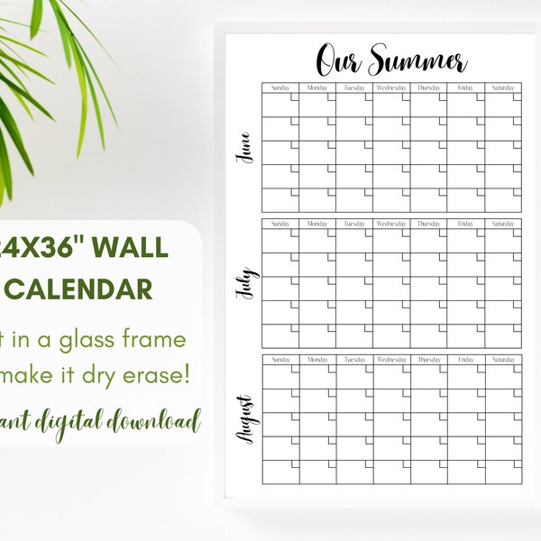 Summer Three Month XL Printable Wall Calendar Poster-24x36" Family Command Center-Dry Erase Planner-June July August Organization-Date Boxes