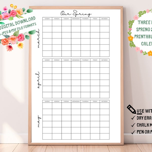 Spring XL Wall Calendar-Planner-Vacation Rental Home Office-Giant Huge-Family Command Center-Three Month Calendar-Dry Erase Chalk Marker