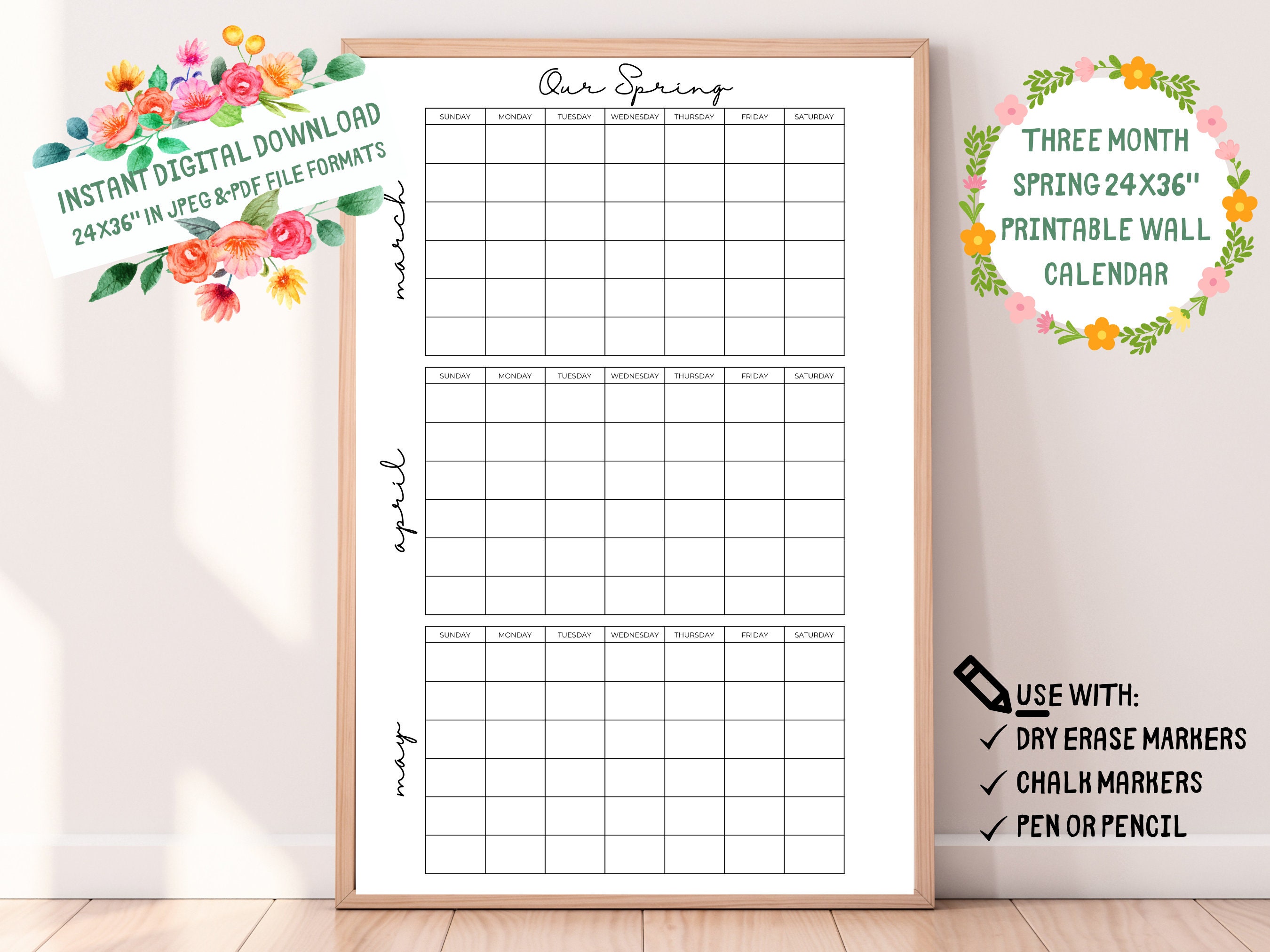 Spring XL Wall Calendarplannervacation Rental Home Etsy
