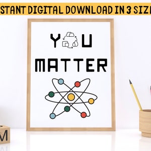 May include: A printable poster with a white background and a black frame. The poster features a black and white illustration of an atom with the text "You Matter" in black letters. The text "You" is stylized with a cloud and a recycling symbol.